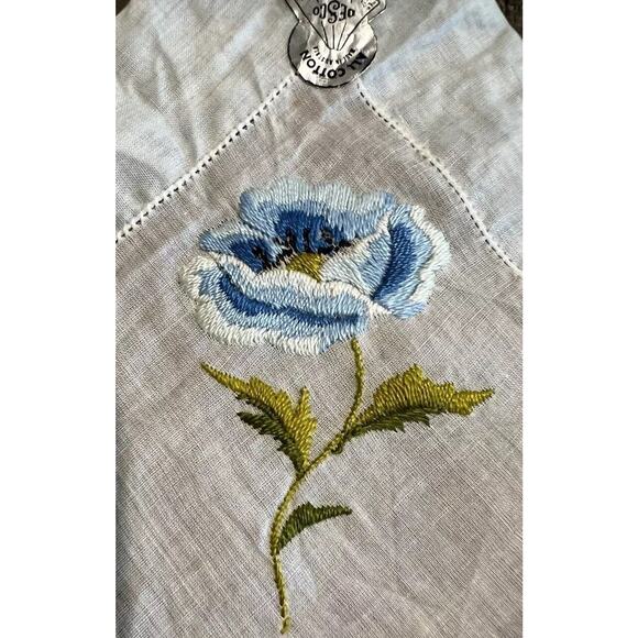 Vintage Ladies Hankie By Desco Embroidered Blue And White Floral NOS Semi Sheer - Picture 1 of 6